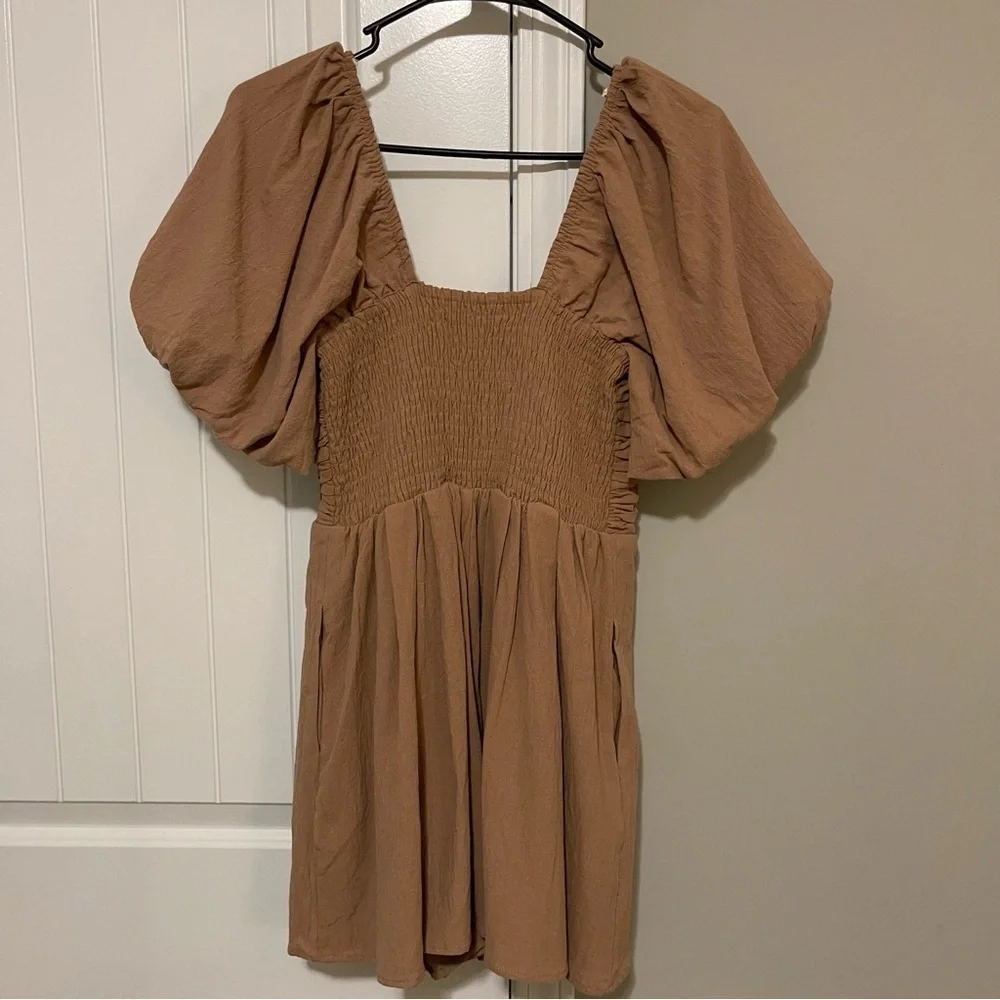 VICI Tan Smocked Puff Sleeve Romper